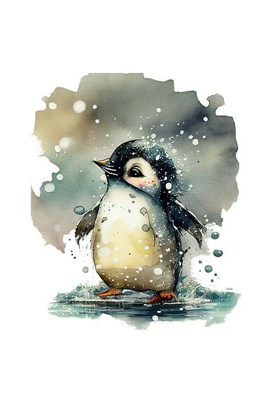 StoryGift Romania Sticker Cu Pui De Pinguin Fericit In Fulgii De Zapada Cu Picioarele In Apa, Animal Dragala