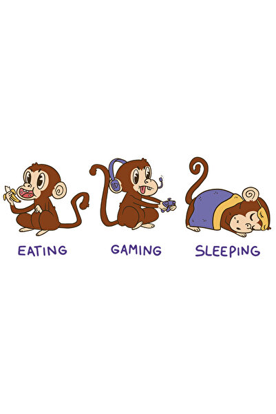 StoryGift Romania Sticker Autocolant 70CM Cu 3 Maimute Maro, Text In Engleza Eating Gaming Sleeping, Cadou Pentr