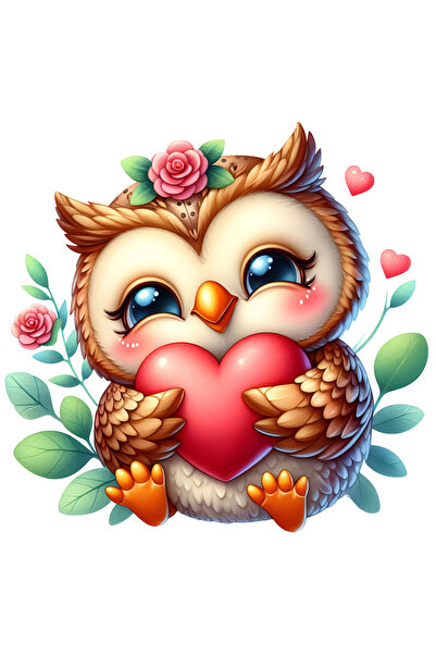 StoryGift Romania Sticker Autocolant 70CM cu o bufnita micuta care tine in brate o inima, ilustratie, fericire,