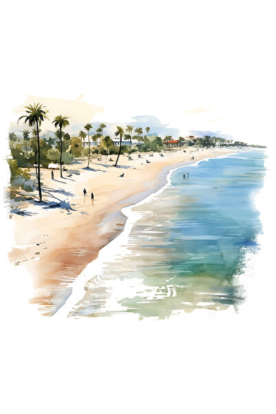 StoryGift Romania Sticker Adeziv 90CM cu o plaja, ilustratie, apa, mare, concediu, vacanta, vara, palmieri, oame