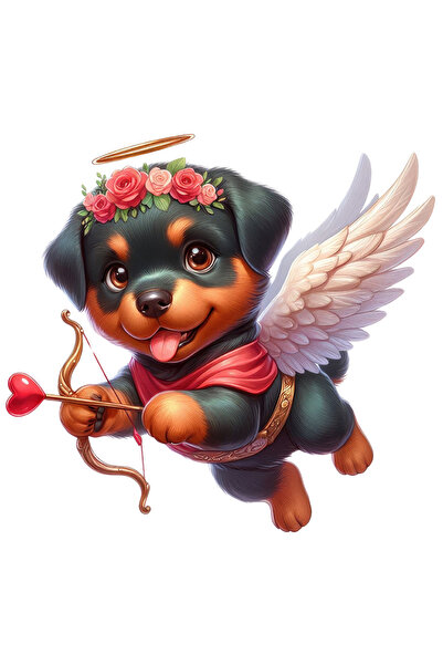 StoryGift Romania Sticker Adeziv 90CM cu un catelus Rottweiler Cupidon care trage cu arcul, ilustratie, sageata