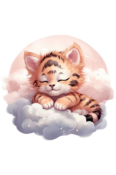 StoryGift Romania Adhesive Sticker 90CM with a sleeping tiger cub, illustration, cloud, circle, full moon, time