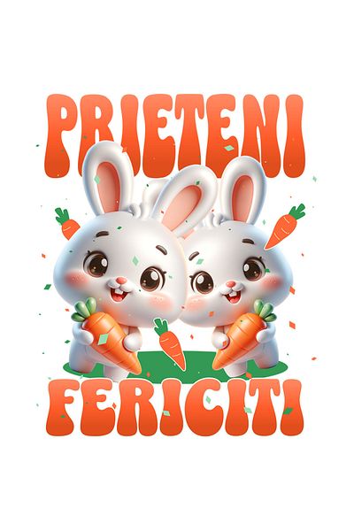 StoryGift Romania Sticker Eticheta 40CM cu Iepuri Albi Cu Morcovi Text Prieteni Fericiti, Animal Blanos Paste cu