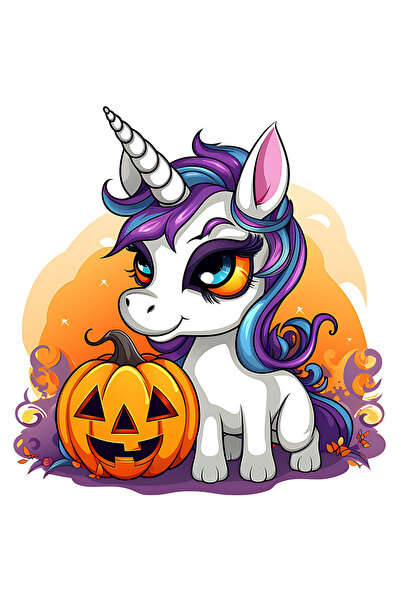 StoryGift Romania Sticker Cu Un Unicorn, Ilustratie, Dovleac Decorat De Halloween, Fata Malefica, Portocaliu