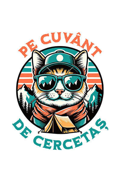 StoryGift Romania Sticker Eticheta 50CM cu Pisica Cercetas Cu Ochelari De Soare Si Sapca, Cort munte, Text Cuvan