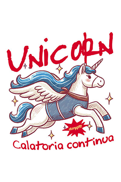StoryGift Romania Sticker Adeziv 90CM cu Unicorn in zbor, cal cu corn text calatoria continua copii cu Margini A