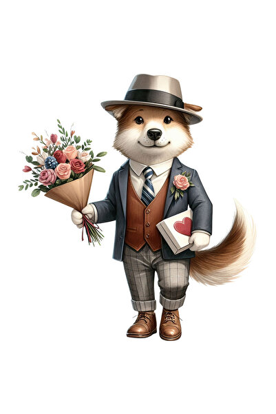 StoryGift Romania Sticker Cu Un Caine Binedispus Care Tine Un Buchet Cu Flori Si Un Cadou, Cutie Cu Bomboane