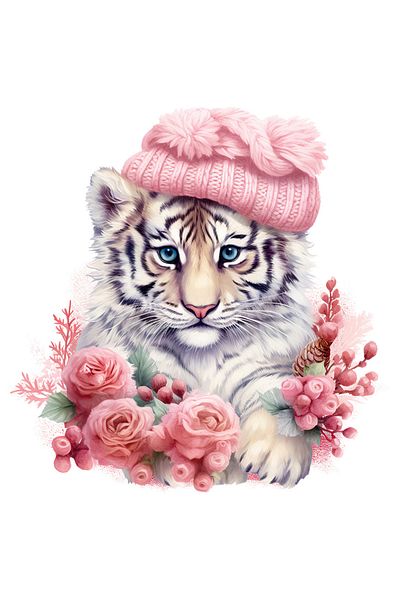 StoryGift Romania Sticker Label 50CM with a tiger cub with a hat, illustration, popcorn, nature, cold, pink,