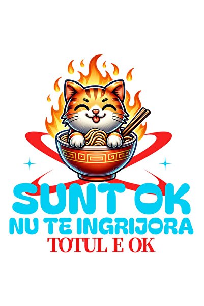 StoryGift Romania 90CM Adhesive Sticker with Orange Cat in Hot Bowl with Flaming Noodles Text I'm Ok N