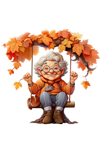 StoryGift Romania Sticker Adeziv 90CM cu o bunicuta vesela care se da in leagan, ilustratie, frunze, ramura, isi