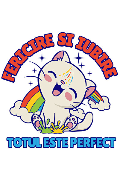 StoryGift Romania Sticker Autocolant 70CM cu Pisica Vesela Razand Curcubeu Co...