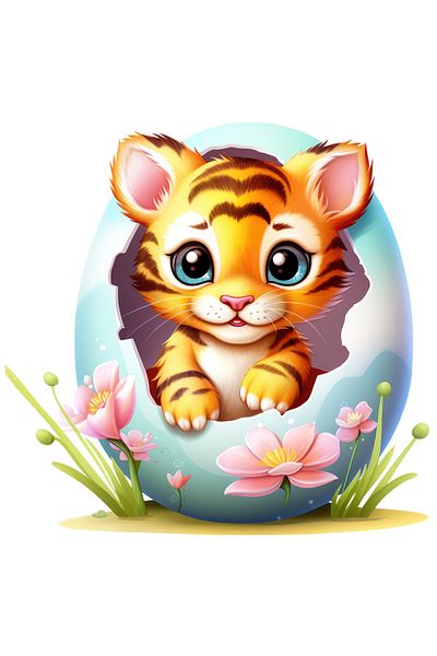 StoryGift Romania Sticker Label 40CM with a tiger cub coming out of a broken egg, illustration, flowers, pink,