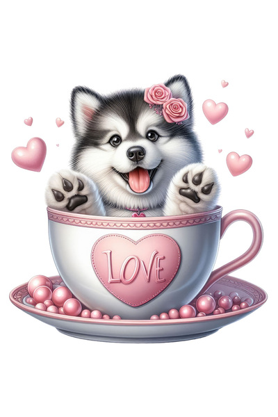 StoryGift Romania Sticker Autocolant 70CM cu un catel Malamut de Alaska, sta intr-o ceasca, flori, Valentine's D