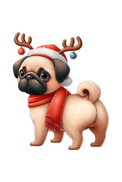 StoryGift Romania Sticker Cu Un Caine Pug Care Are Niste Coarne De Ren, Ilustratie, Caciula, Fular, Pentru I