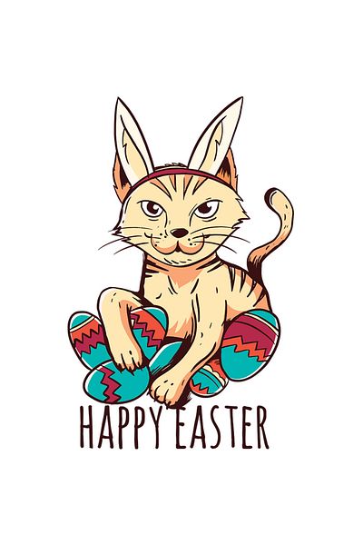 StoryGift Romania Sticker Label 40CM With Cat With Bunny Ears, Colored Eggs, Happy Easter Message, Sweetheart