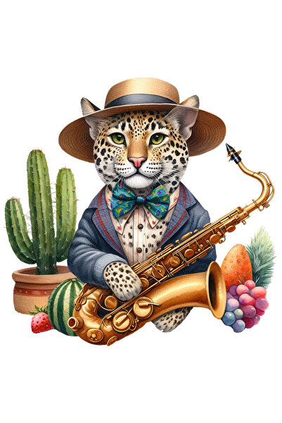 StoryGift Romania Sticker Adeziv 90CM cu un jaguar care tine un saxofon, pala...