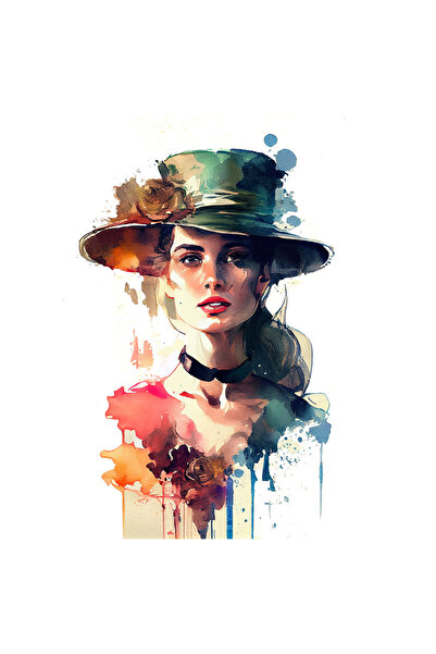 StoryGift Romania Sticker Adeziv 90CM Cu Portret Pictura Femeie Curgatoare Palarie, Par Blond, Buze Rosii, Decol