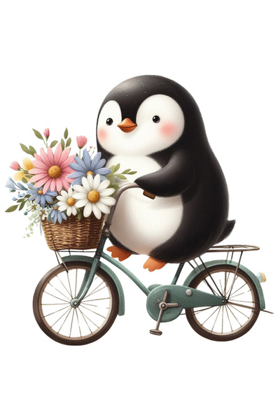StoryGift Romania Sticker Adeziv 90CM cu un pinguin grasut care merge cu bicicleta, ilustratie, cosulet cu flori