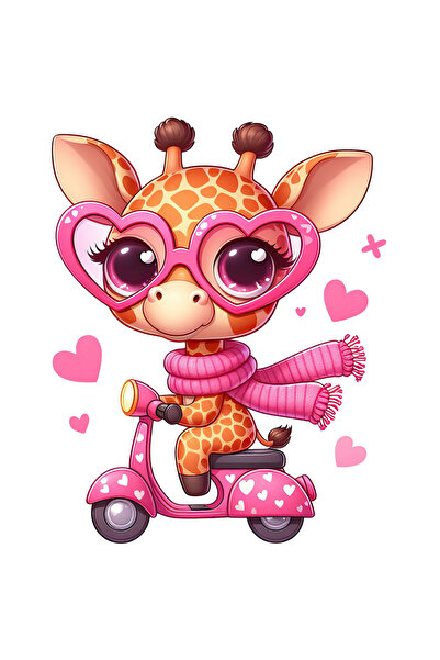 StoryGift Romania Sticker Adeziv 90CM cu o girafa care se plimba cu scuterul, ilustratie, ochelari, inimioare, c