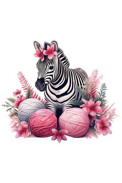 StoryGift Romania Sticker Label 50CM with a zebra, illustration, flowers, balls of thread, pink, white, plants, nature