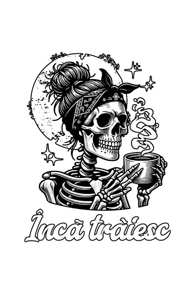 StoryGift Romania Sticker Autocolant 70CM Adeziv femeie schelete text Cafea. Încã traiesc cu Margini Albe, PVC V