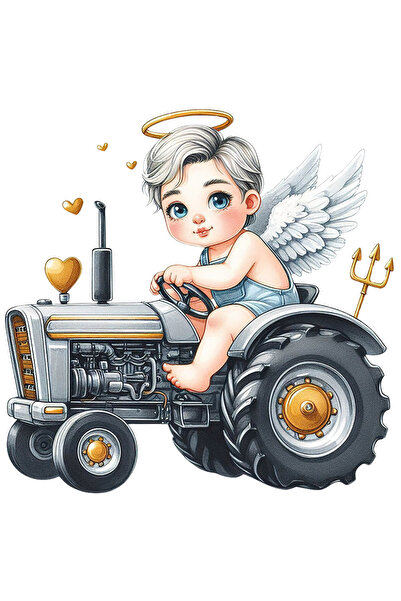 StoryGift Romania Sticker Adeziv 90CM cu un bebelus cu aripi care conduce un tractor, ilustratie, inimi aurii, m