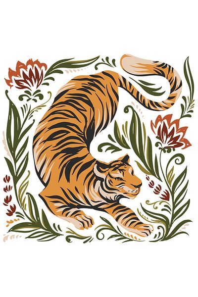 StoryGift Romania Sticker With Tiger Among Flowers, Wild Animal, Jungle, Hippie, Nature and Forest Lovers