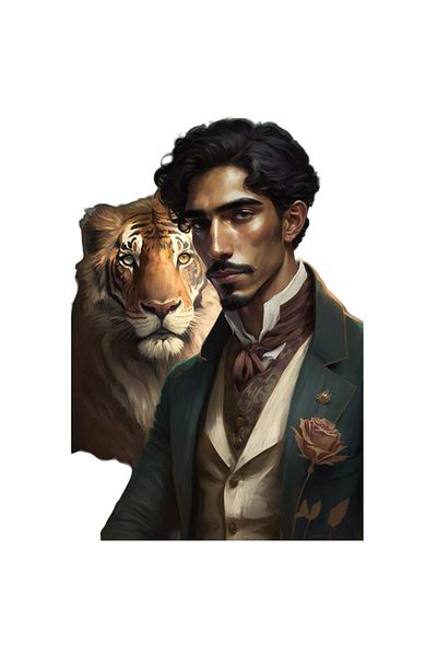 StoryGift Romania Sticker Label 50CM with Portrait of Man and Tiger, Indian Man, Custom Man, Tiger, Animal