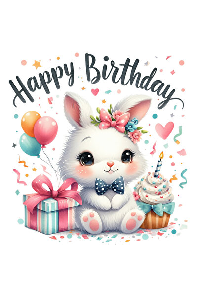 StoryGift Romania Sticker Eticheta 50CM cu o iepuroaica vesela, ilustratie, la multi ani, baloane, cadou, briosa