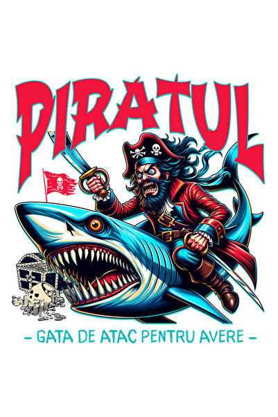StoryGift Romania Sticker Adeziv 90CM cu Pirat Nervos Cu Palarie Si sabie Pe Rechin Cu Colti Text Gata De Atac P