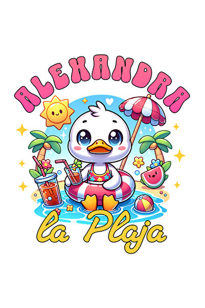 StoryGift Romania Sticker Eticheta 50CM cu Ratusca Alba Cu Colac Si Cocktail la Plaja Text Alexandra Vacanta cu