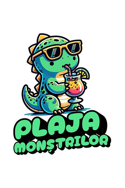 StoryGift Romania Sticker Autocolant 70CM Adeziv Plaja Monstrilor dragon cu bautura si ochelarii cu Margini Alb