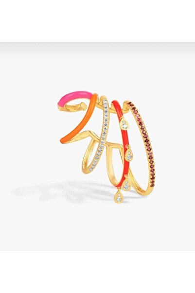 Lilyum Aksesuar Kırmızı Turuncu Pembe Mineli ve Renkli Zirkon Taşlı Charmlı Sallantılı Earcuff Kıkırdak Küpe