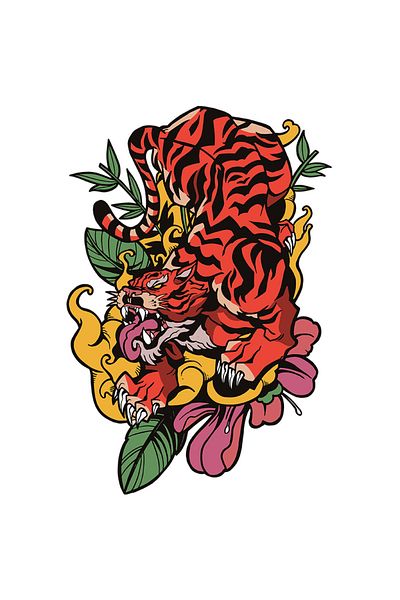 StoryGift Romania Sticker 15 Cm With Tiger, Traditional Tattoo, Asian, Flowers, Flames, With White Borders, Pvc Vinyl