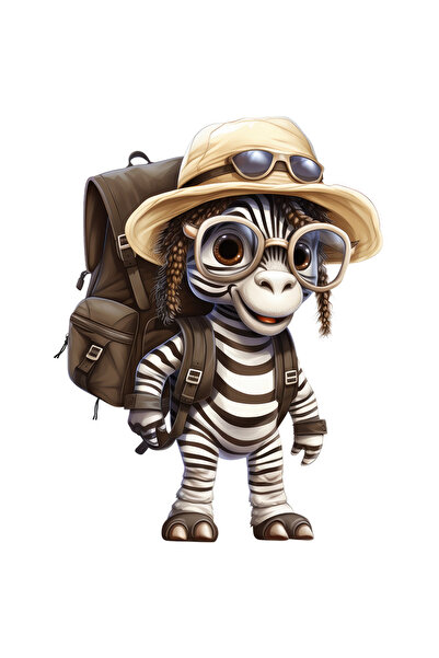 StoryGift Romania Sticker Autocolant 70CM cu o zebra exploratoare, ilustratie, expeditie, echipata, palarie, ghi