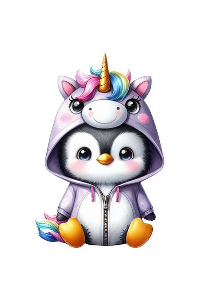 StoryGift Romania Sticker Eticheta 50CM cu un pinguin deghizat in unicorn, ilustratie, jucaus, vesel, bucurie, p