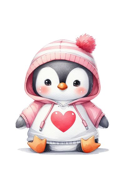StoryGift Romania Sticker Autocolant 70CM cu un pinguin vesel, ilustratie, imbujorat, hanorac cu inimioara, apre