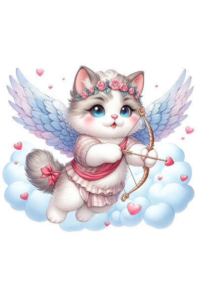 StoryGift Romania Sticker Eticheta 50CM cu o pisicuta Cupidon, ilustratie, aripi, trage cu arcul, Valentine's Da