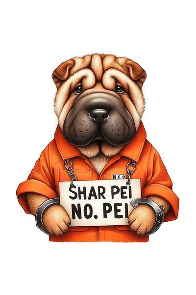 StoryGift Romania Sticker with a Shar Pei dog in prison, illustration, handcuffs, sad, prisoner uniform, prison guard