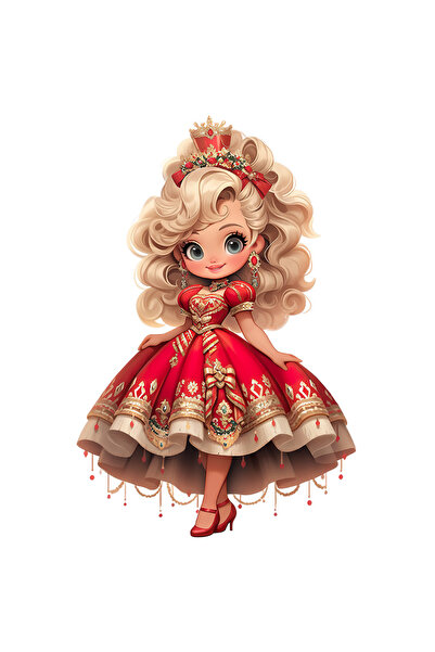 StoryGift Romania Sticker Eticheta 40CM cu o fetita dragalasa, ilustratie, ornamente rosii pe parul blond, rochi