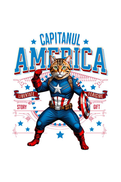 StoryGift Romania Sticker Label 50CM with Bengal Cat in Captain America Costume with Cape, Night Hero,