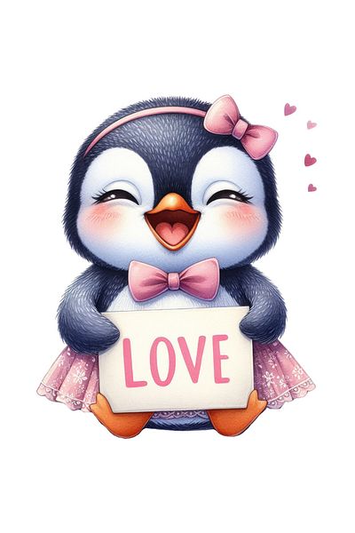 StoryGift Romania Sticker Cu Un Pinguin Micut, Ilustratie, Inimioare, Imbujorata, Rade, Funda, Fusta, Iubire