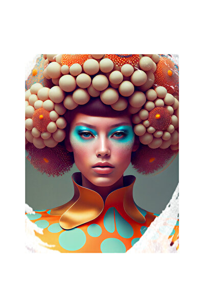 StoryGift Romania Sticker Eticheta 50CM Cu Portret Fata Par Imens Cu Margele, Par Mov, Tinuta Bizara Cu Guler In