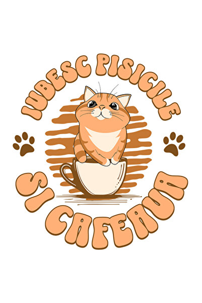 StoryGift Romania Sticker Cu Pisica Pufoasa In Cana De Cafea Text Iubesc Pisicile Si Cafeaua Cu Margini Albe