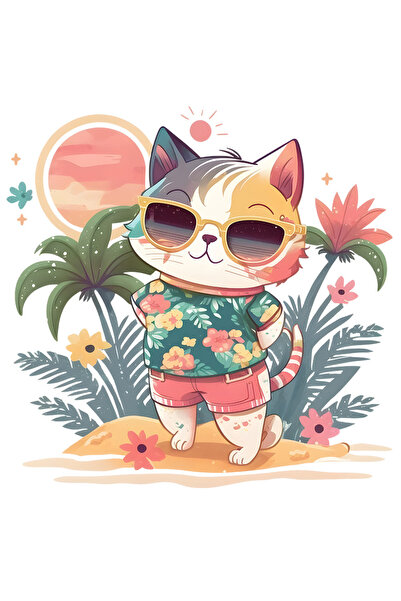 StoryGift Romania Sticker Adeziv 90CM cu o pisicuta in vacanta, ilustratie, p...