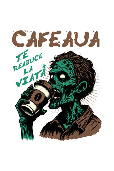 StoryGift Romania Sticker Eticheta 40CM Adeziv Cafeaua te readuce la viata zombie cu cafea cu Margini Albe, PVC