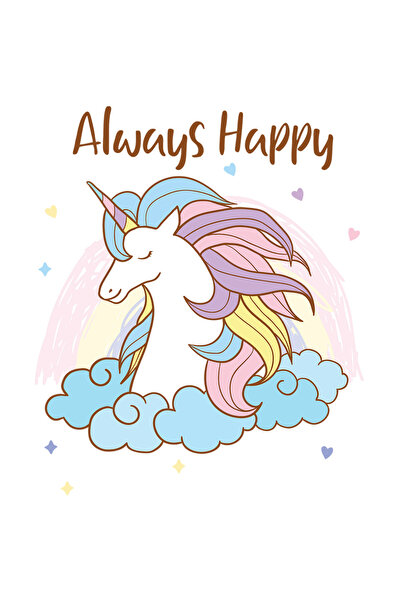 StoryGift Romania Sticker Cu Mesaj In Engleza Always Happy, Unicorn, Curubeu, Nori, Cu Margini Albe, Pvc Vi