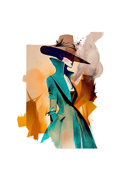 StoryGift Romania Sticker Cu Sileata Feminina Palarie Mare Maro, Tinuta Albastra Interbelica Cu Guler Inalt,