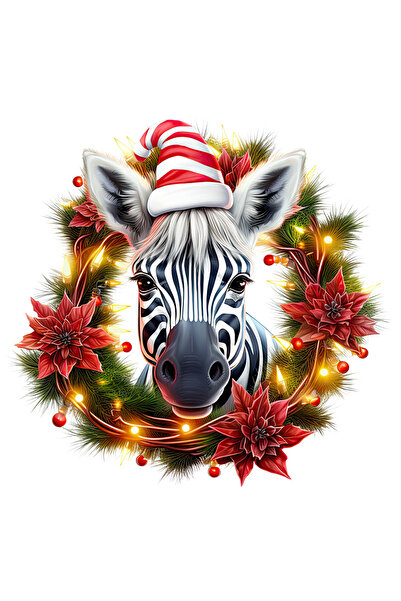 StoryGift Romania Sticker Adeziv 90CM cu o zebra cu caciula de Craciun, ilustratie, vasc, plante, luminite, coro