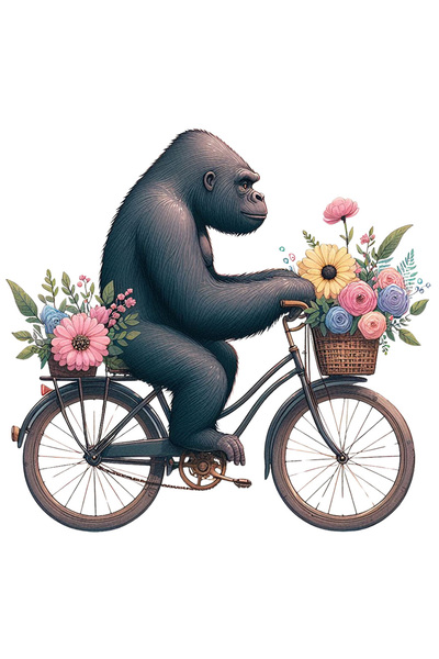StoryGift Romania Sticker Autocolant 70CM cu o gorila care merge cu bicicleta, ilustratie, cosulete cu flori, na